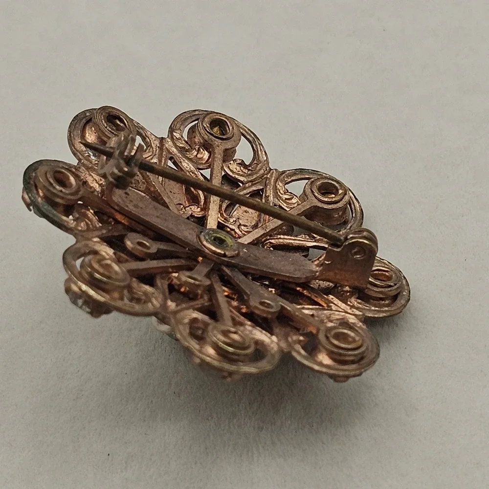 Vintage Brooch Pin Faux Pearl Rhinestone Copper Tone Flower Starburst Statement